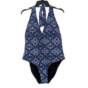 Sol Borne Womens 3X One Piece‎ Swimsuit Halter Blue Purple Medallion Paisley NEW